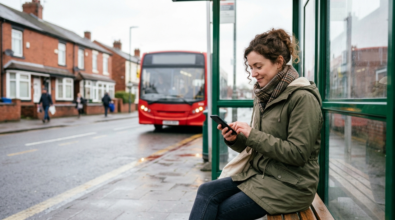 Person using a mobile phone at a UK bus stop