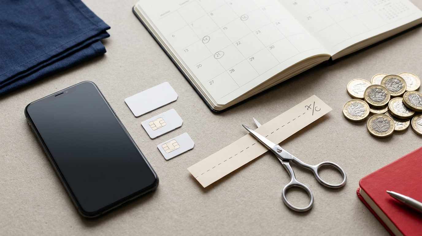 Phone, calendar, SIM cards and coins arranged for comparing flexible mobile plans