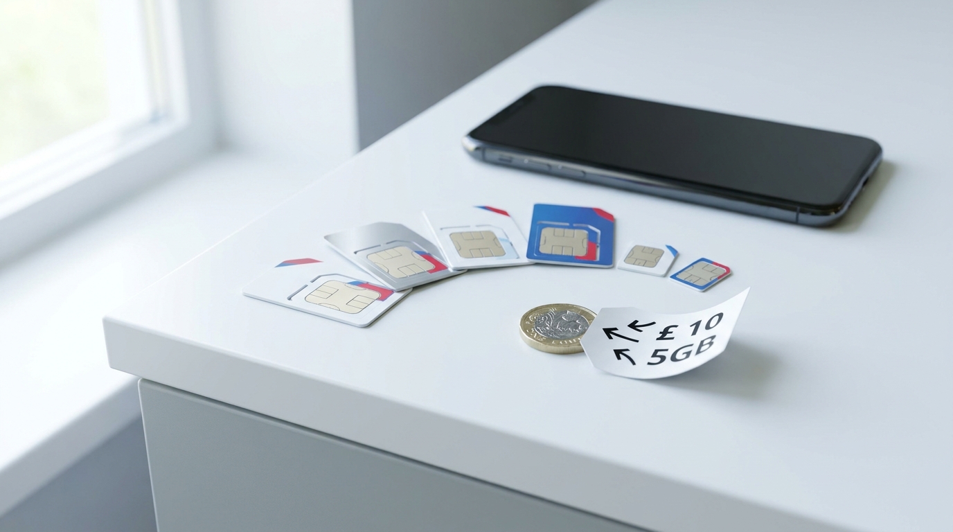 SIM cards and a smartphone arranged on a table
