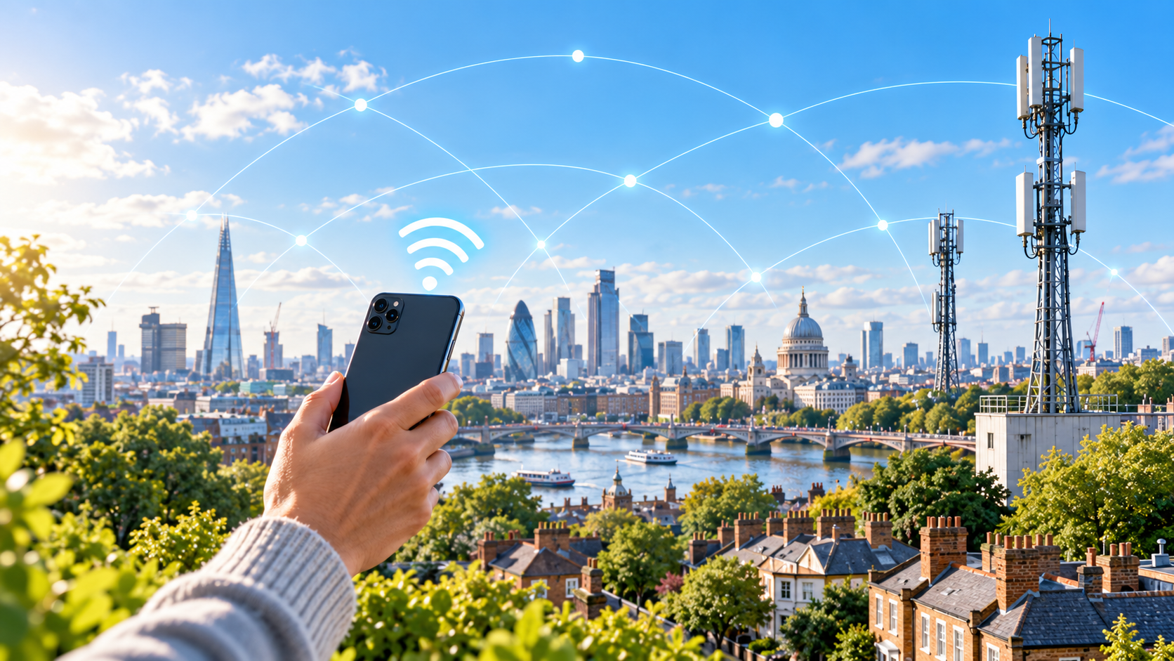 Mobile network mast with signal arcs above a UK city
