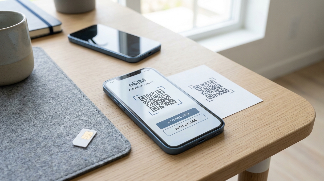Phone activating an eSIM with a QR code beside a physical SIM card