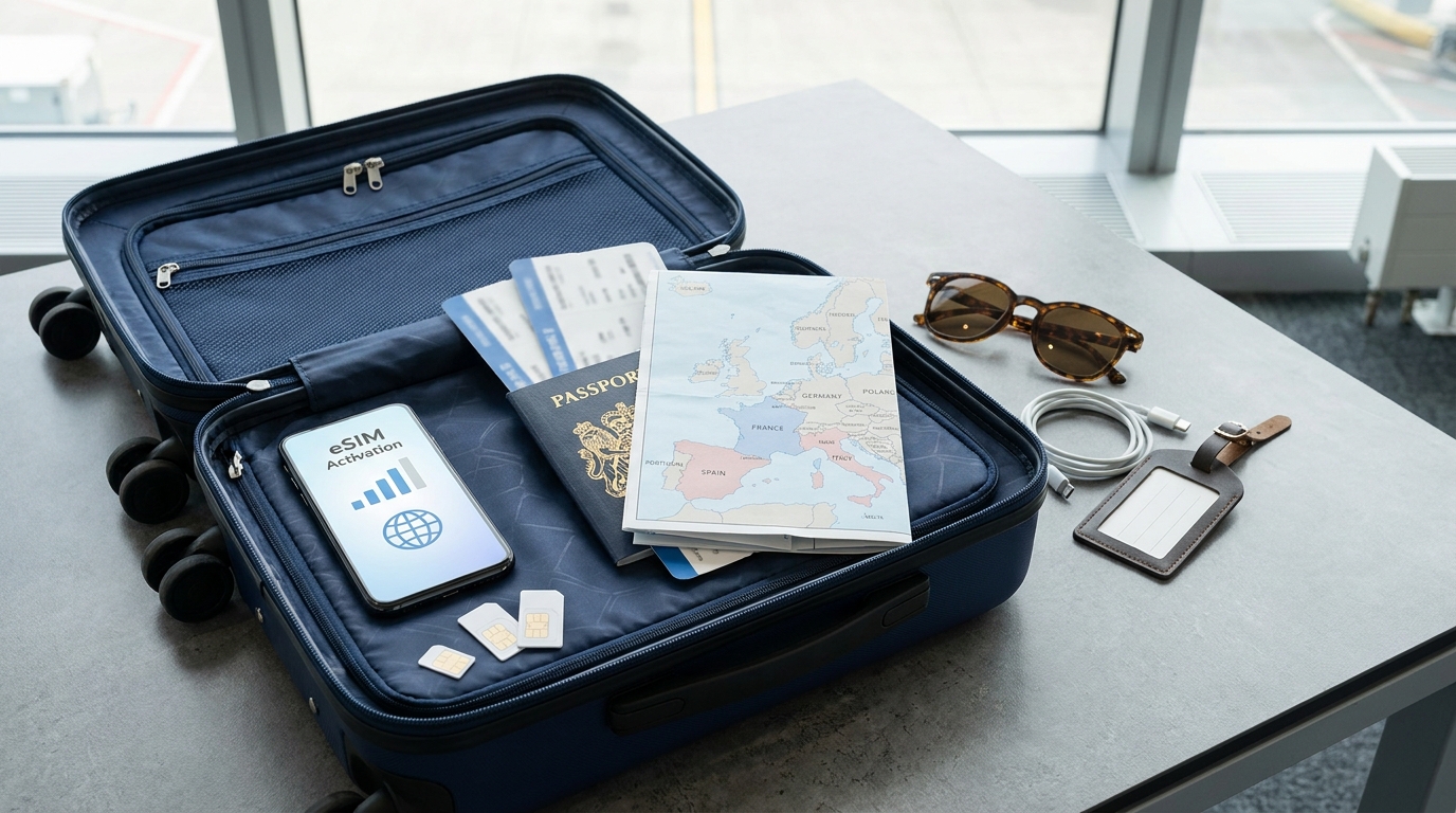 Travel case, passport, map and eSIM phone prepared for a European trip