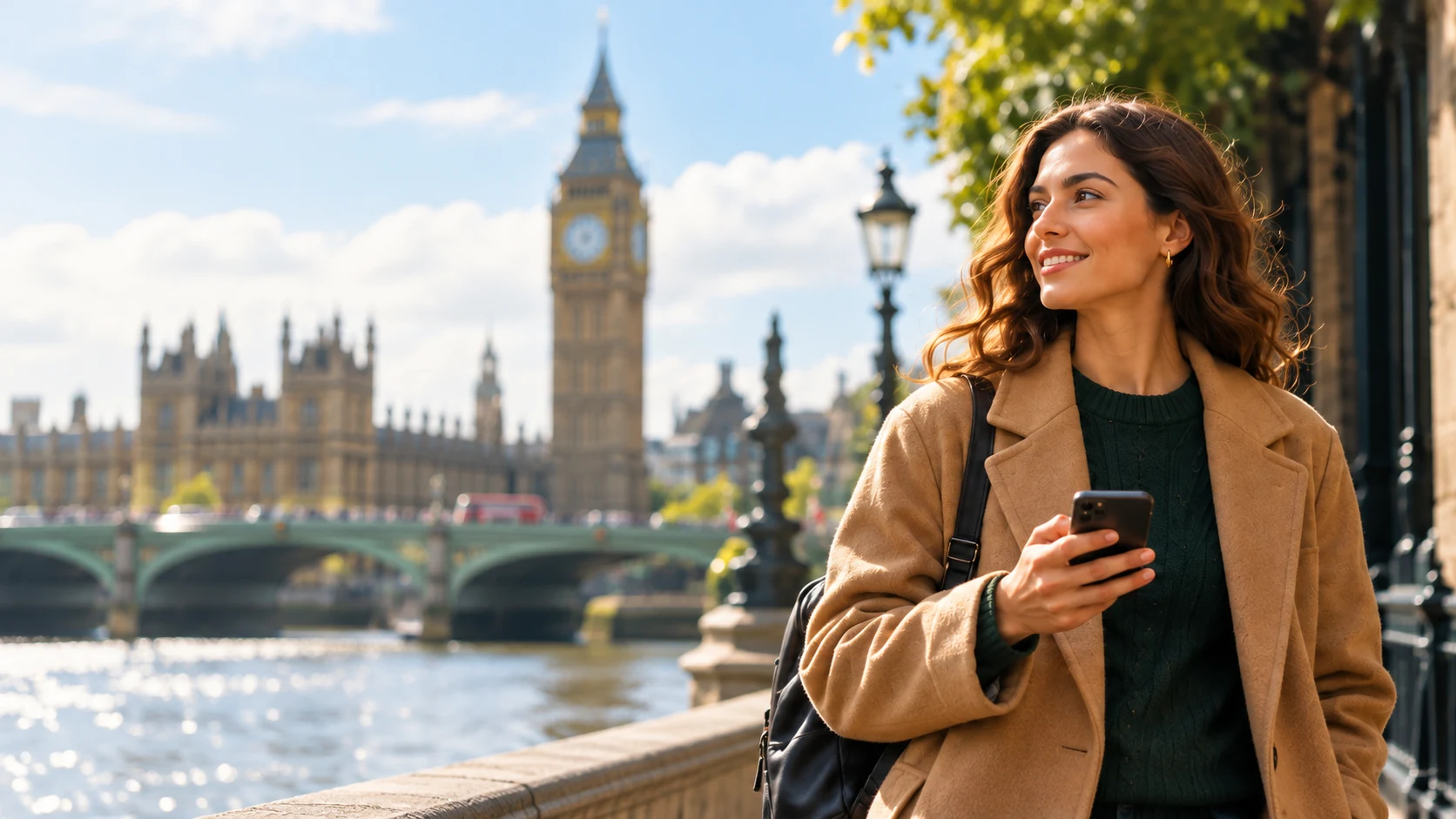 Woman using a phone beside the River Thames in London