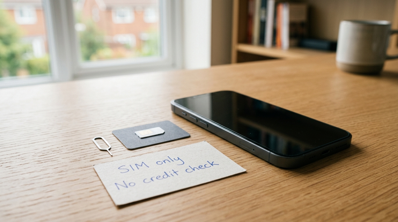 Phone, SIM card and note about no-credit-check SIM-only plans