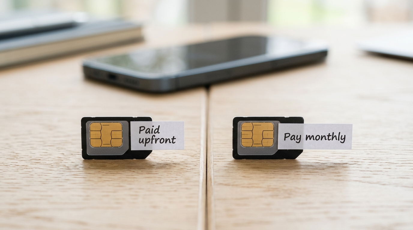 Two SIM cards labelled paid upfront and pay monthly