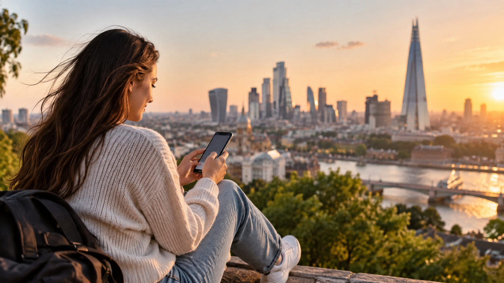 Person using a phone while looking over London at sunset