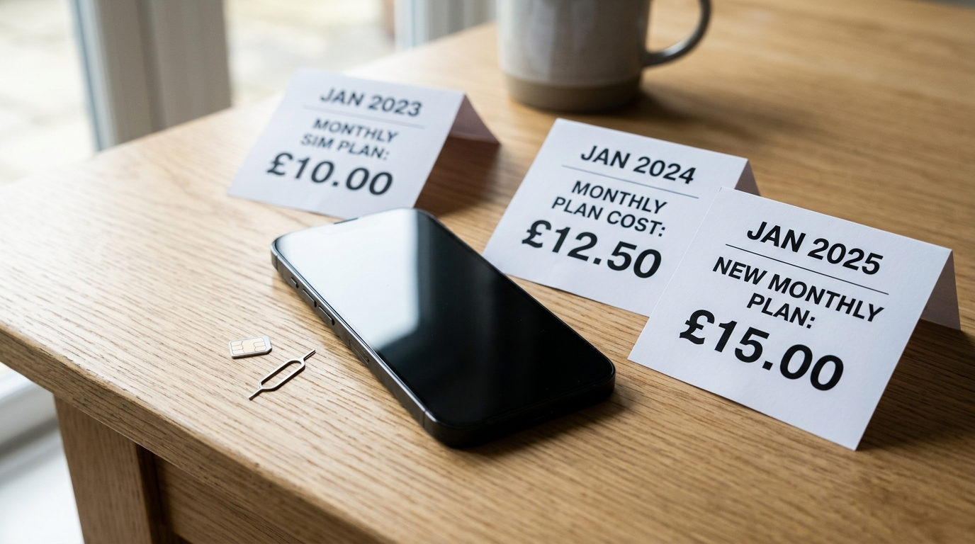 Phone beside cards showing rising monthly SIM plan prices