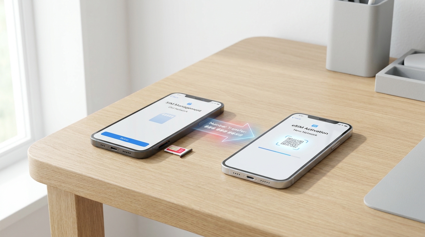 Two phones showing a mobile number transfer between a SIM and eSIM