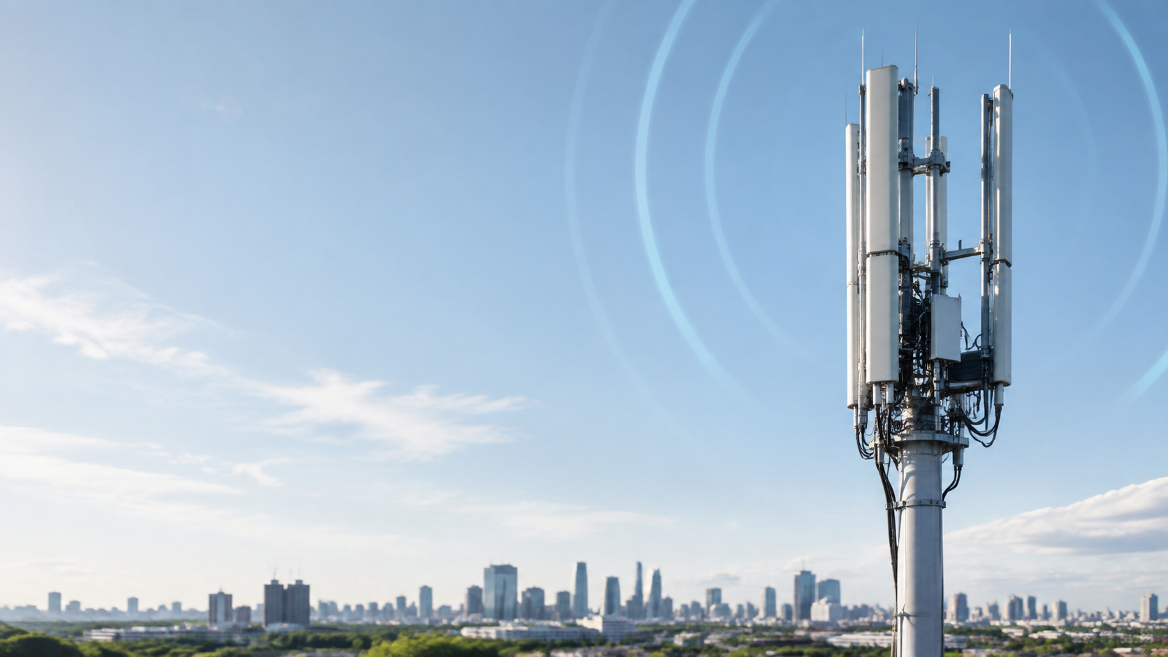 Mobile network mast with a UK city skyline